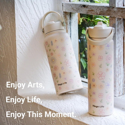 25oz Insulated Stainless Steel Aesthetic Cute Water Bottle - 2 Lids Included (Straw + Sport Handle), Leakproof BPA-Free, Dreamy Cream Cute Floral Design, Perfect Gym/Yoga/Office Companion