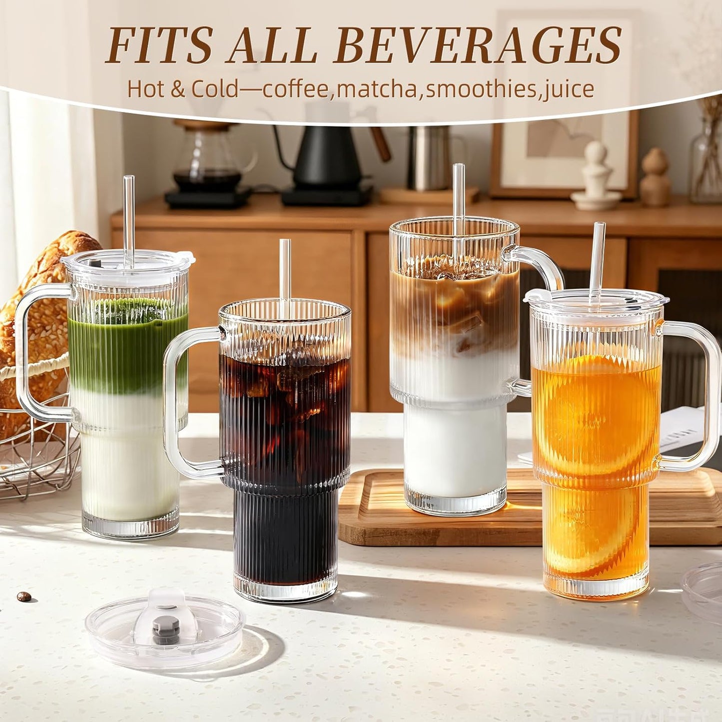 Iced Coffee Cups with Lids: Coffee Bar Accessories - Ribbed Glass Tumbler with Straw and Lid 4Pcs - 20oz Leak Proof Tumbler - Reusable Glass Cups and Tumblers with Lid and Straws for To Go Iced Coffee