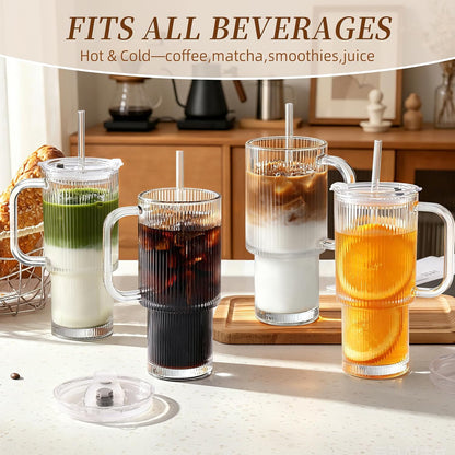 Iced Coffee Cups with Lids: Coffee Bar Accessories - Ribbed Glass Tumbler with Straw and Lid 4Pcs - 20oz Leak Proof Tumbler - Reusable Glass Cups and Tumblers with Lid and Straws for To Go Iced Coffee