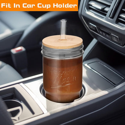 ANOTION Bamboo Mason Leakproof Mason Jar Cups with Lids and Straws, Cap Cup 24oz Glass Tumbler with Handle, Rotating Lid Silicone Straw, Reusable Iced Coffee Matcha Cup Coffee Gifts for Women 2pc