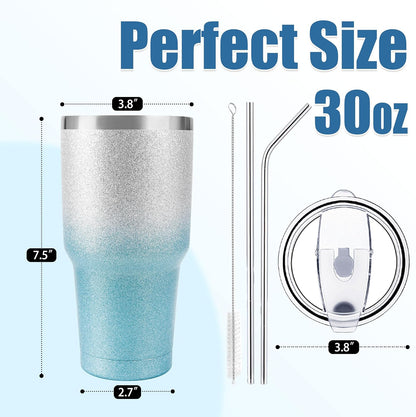 D·S 30oz Blue Tumbler Stainless Steel Double Wall Vacuum Insulated Mug with Straw and Lid, Cleaning Brush for Cold and Hot Beverages