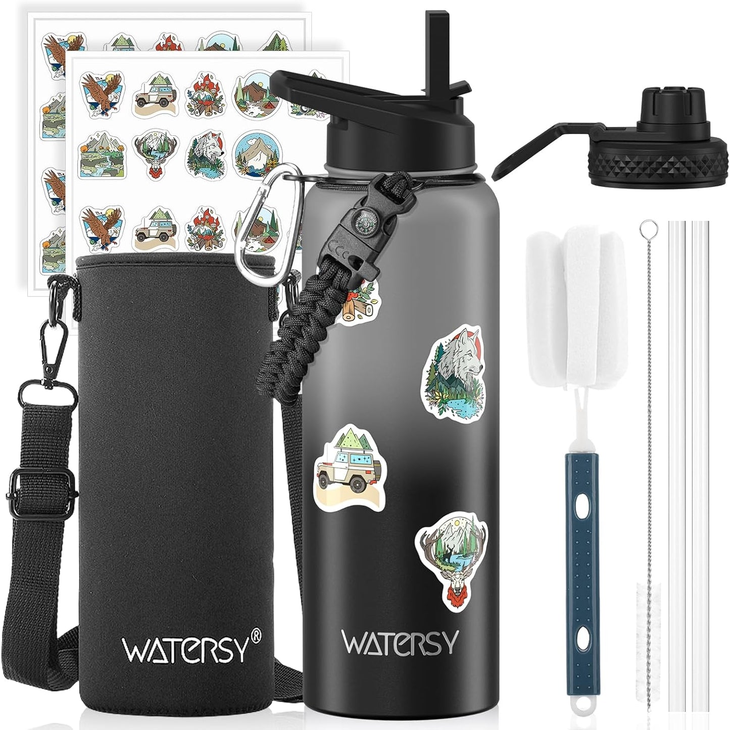40oz Insulated Water Bottle (Cold for 48 Hrs),BPA Free&Leak Proof,Stainless Steel Water Flask,Water Jug with Straw Spout Lids for Gym,Hiking,Travel,Black Blue