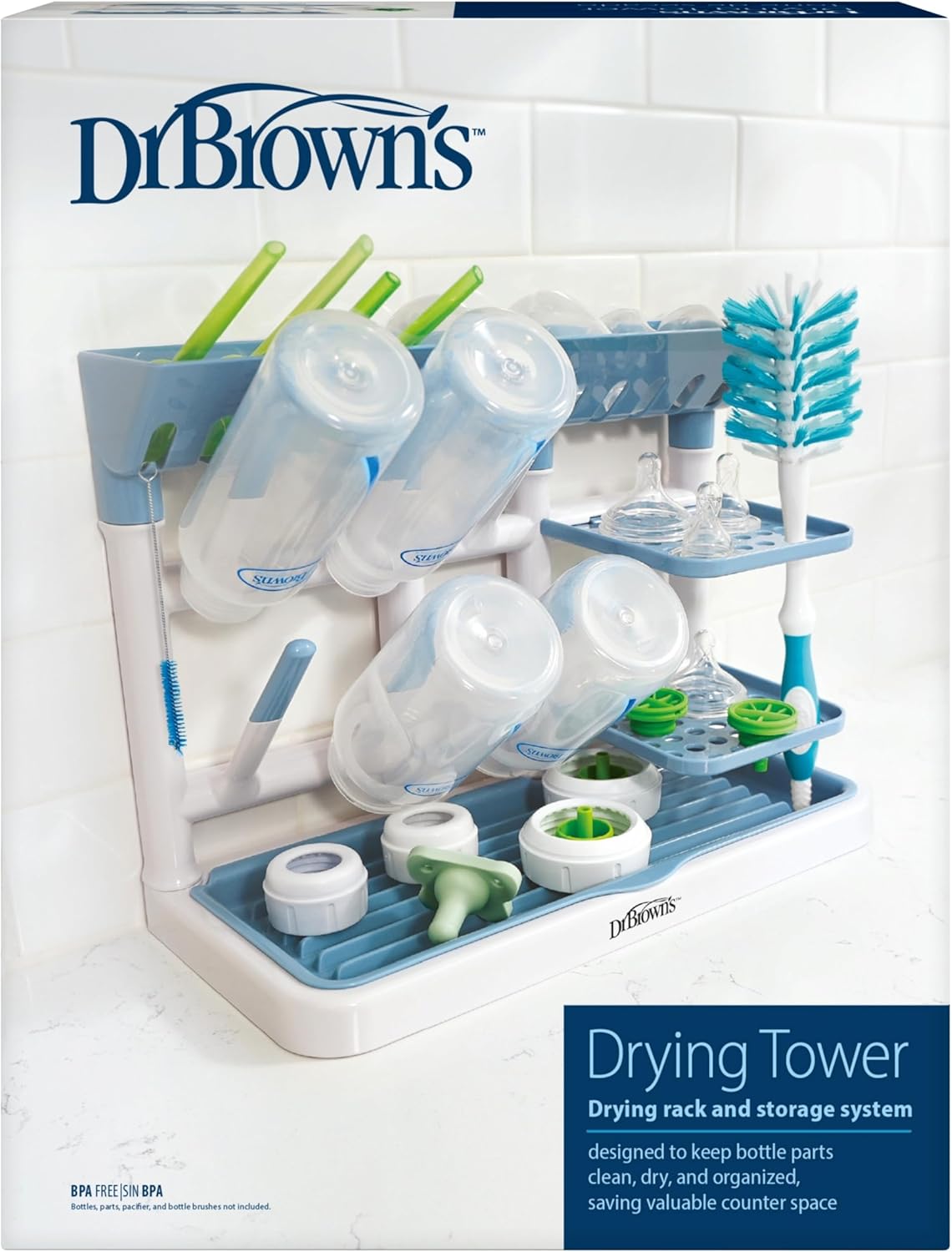 Dr. Brown's Baby Bottle Drying Tower, Stand-Up Countertop Drying Rack with Organized Storage for Baby Essentials, Space Saving Vertical Rack, Black/White