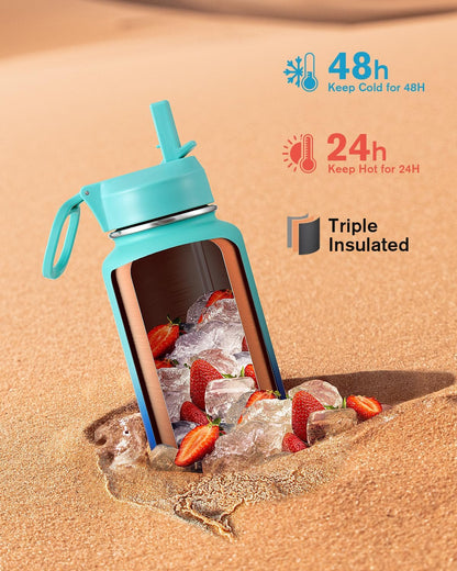 Half Gallon Water Bottle Insulated with Straw & 3 Lids, Coolflask 64 oz Water Jug Large Metal Stainless Steel Wide Mouth for Sports, Gym or Office, Non-BPA Keep Cold 48H Hot 24H, Samurai Cyan