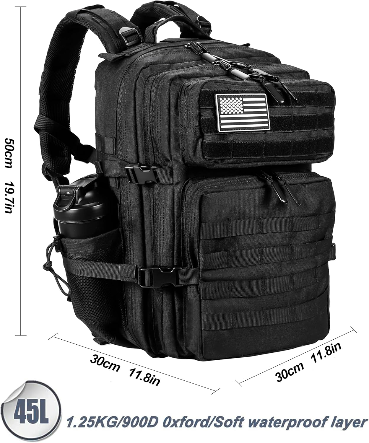 LHI Military Tactical Backpack for Men and Women 45L Army 3 Days Assault Pack Bag Large Rucksack with Molle System - Black - Colors A