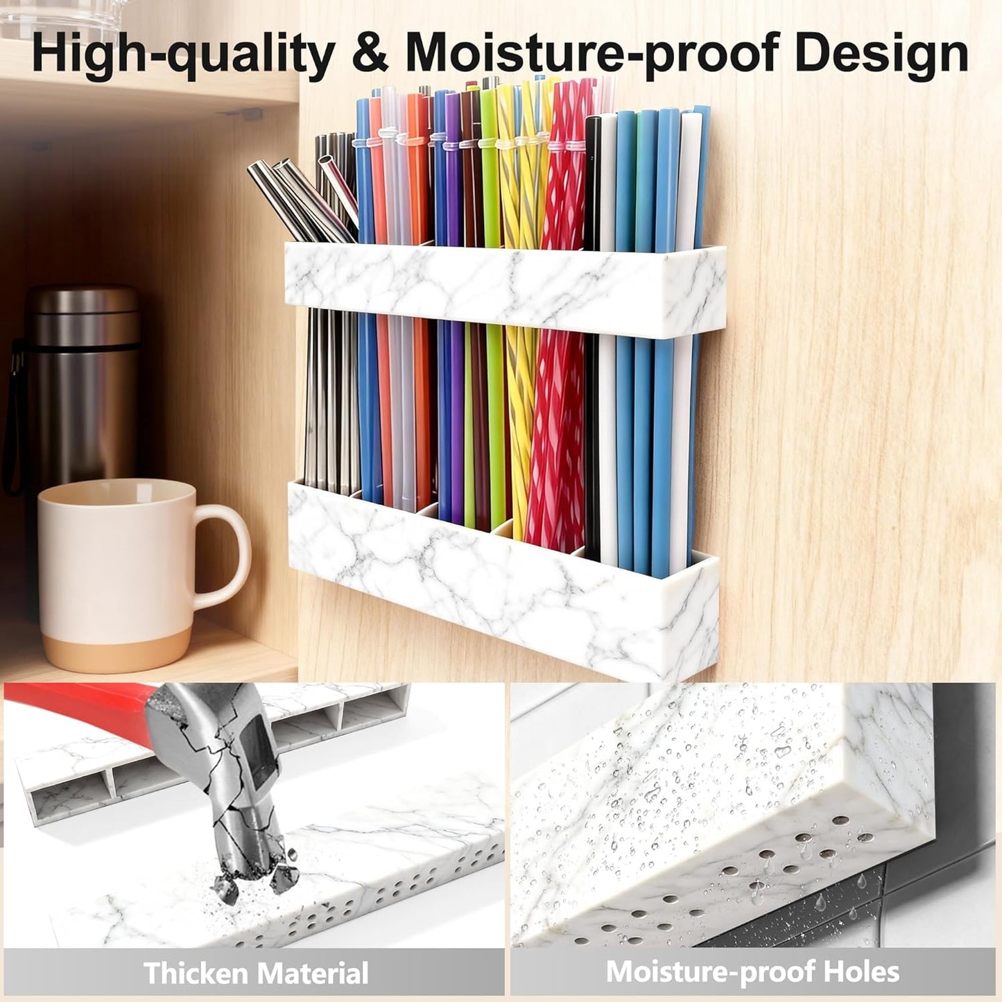 9.5” Large Acrylic Straw Holder for Cabinet Door, Reusable Adjustable Two-Part Straws Organizer with Ultra Sticky Adhesive Strips, 2026 Straw Storage for Kitchen Cupboard (Transparent)