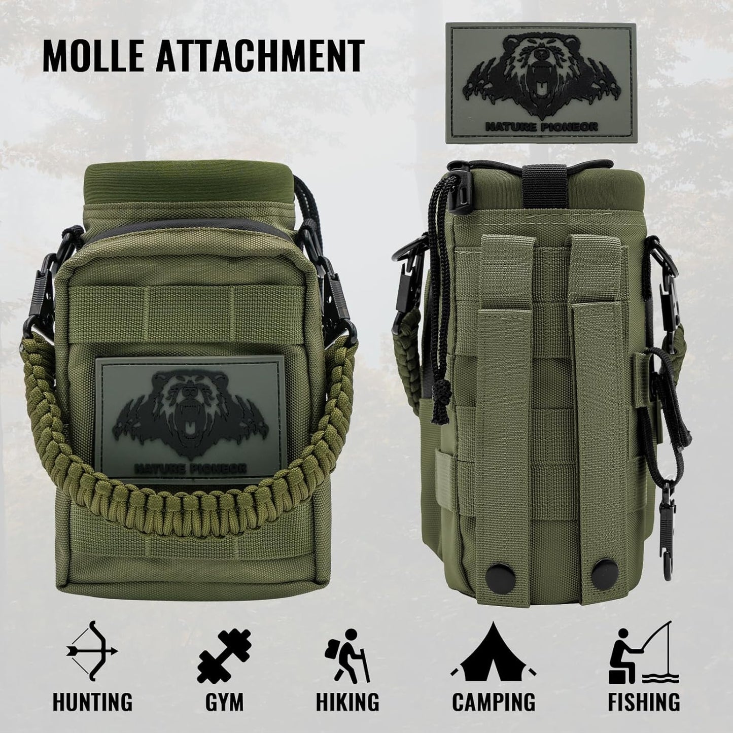 NATURE PIONEOR 32 64 128oz Tactical Water Bottle Pouch, Multi-Function Tactical Water Bottle Bag with Adjustable Shoulder Strap, Half/One Gallon Molle Strap Carrier Holder
