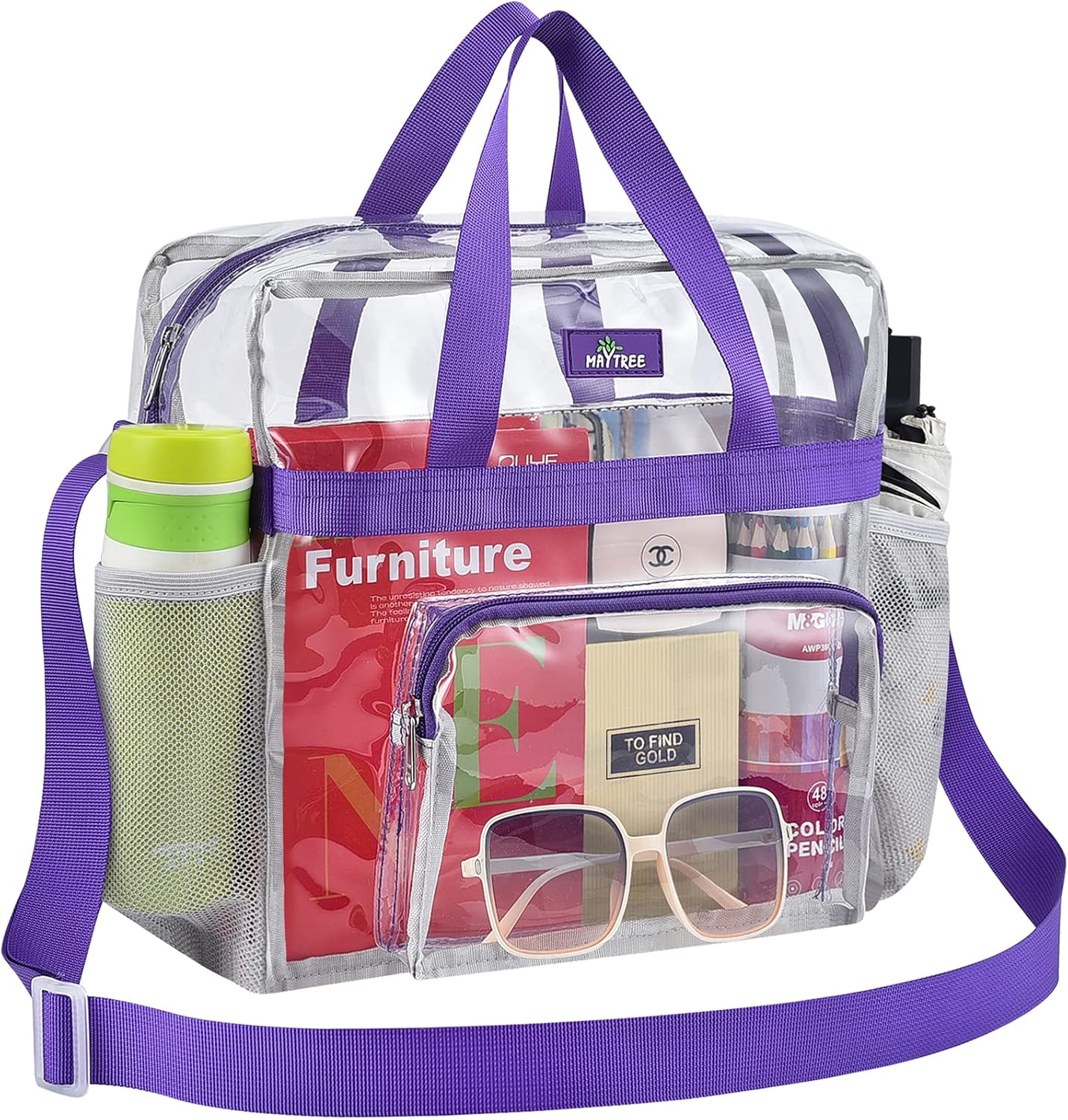 MAY TREE Clear Bag for Stadium Events, 12×5.5×12 Clear Tote Lunch Bag with Non-detachable Reinforced Straps for Work, Sporting Events and Gym, Black