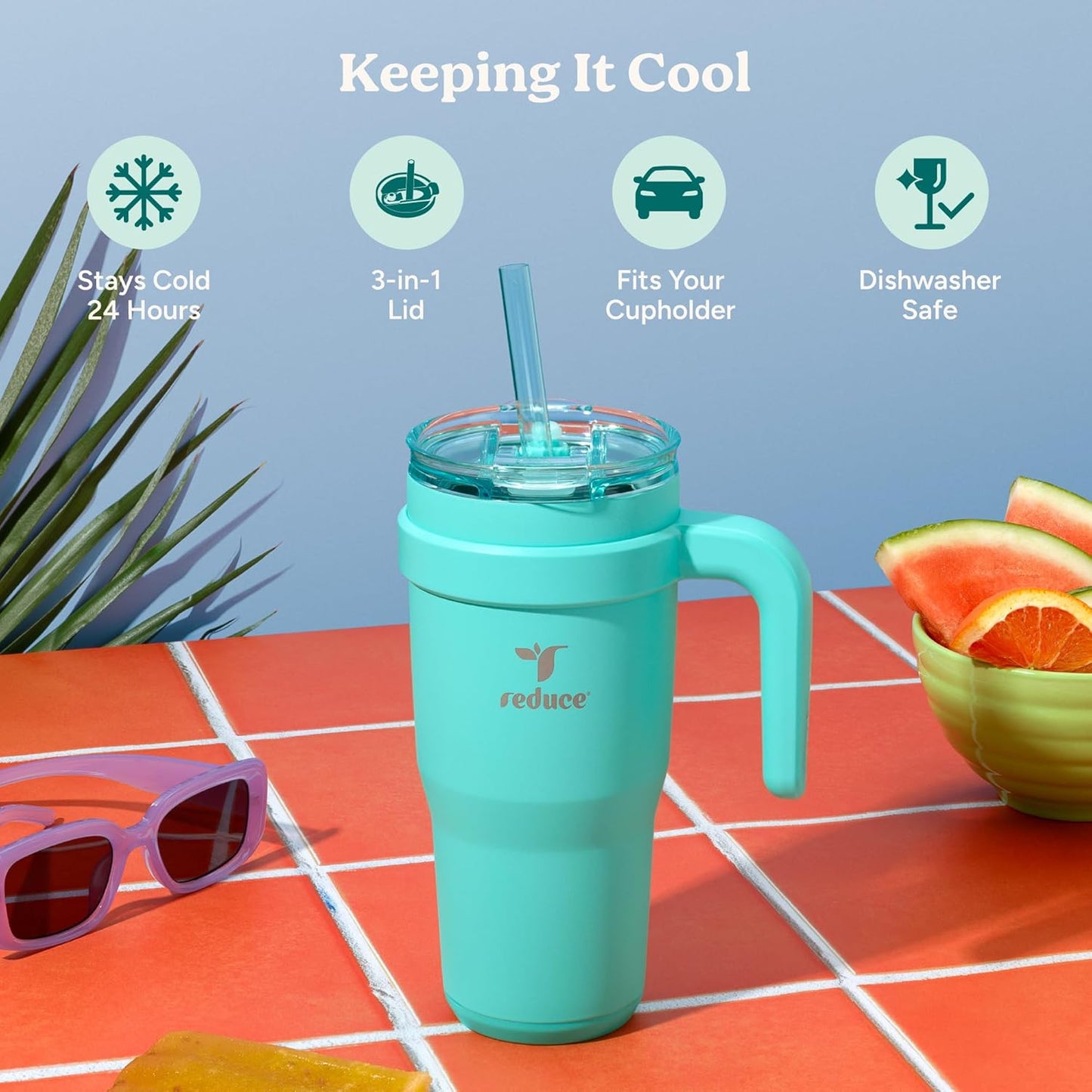 REDUCE 24 oz Stainless Steel Tumbler with Handle - Dual-Wall Vacuum Insulated Travel Mug, Sweat-Proof Lid & Reusable Straw - Keeps Drinks Cold for 24 Hrs, Fits Cupholders, Dishwasher Safe - Lilac Bud