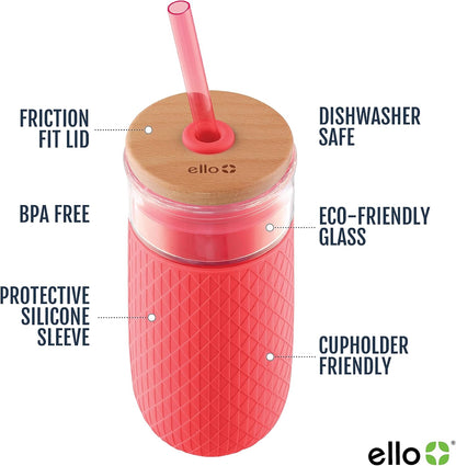 Ello Devon Glass Tumbler , Protective No Sweat Silicone Sleeve and Splash Proof Wooden Detail Lid with Straw, 18 oz