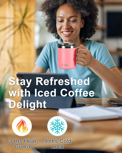 RAYMYLO Insulated Coffee Mug 12 oz, Double Wall Stainless Steel Coffee Mug with Lids, Leak-Proof & Detachable Slider Lid for Thorough Clean, Keeps Coffee Cold for 9 Hrs, Suitable for Camp Home Office