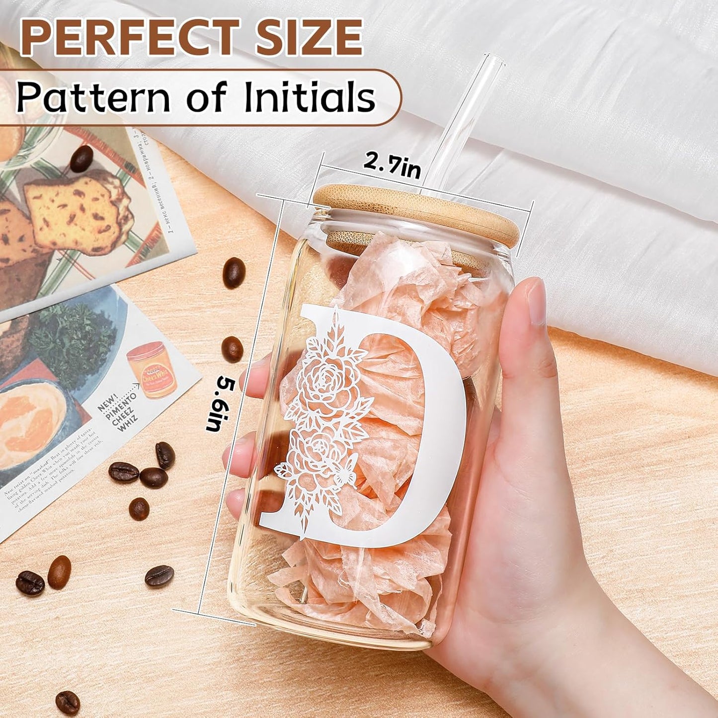 Glass Cups with Lids and Straws: Personalized Initial Glass Cup Be Used As Reusable Iced Coffee Cups with Lids,Cute Matcha Tumbler - The Christmas/Birthday Gifts for Women - M Smoothie Cup