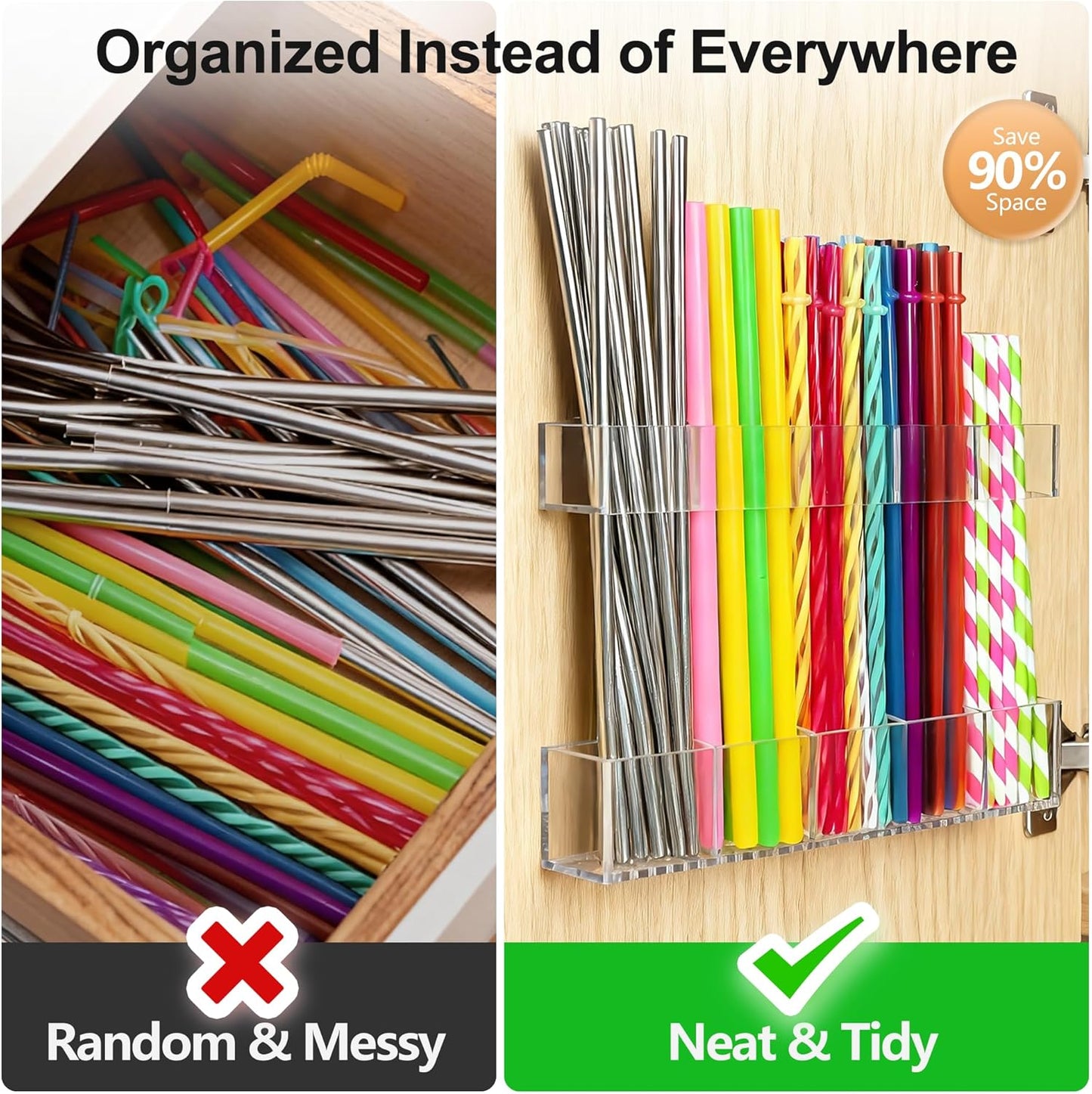 9.5” Large Acrylic Straw Holder for Cabinet Door, Reusable Adjustable Two-Part Straws Organizer with Ultra Sticky Adhesive Strips, 2026 Straw Storage for Kitchen Cupboard (Transparent)