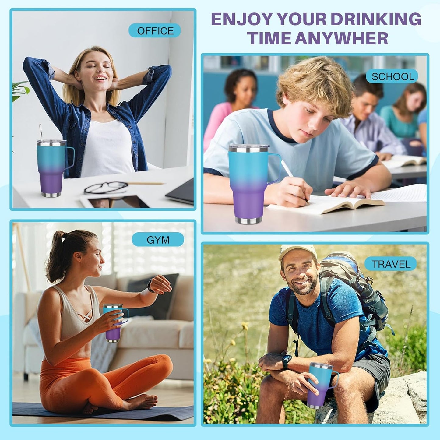 40 oz Tumbler with Handle, Insulated Tumbler with Lid and Straw, Reusable Stainless Steel Vacuum Insulated Cup, 100% Leak Proof Thermal Travel Coffee Mug Cup for Cold and Hot (Light Purple)