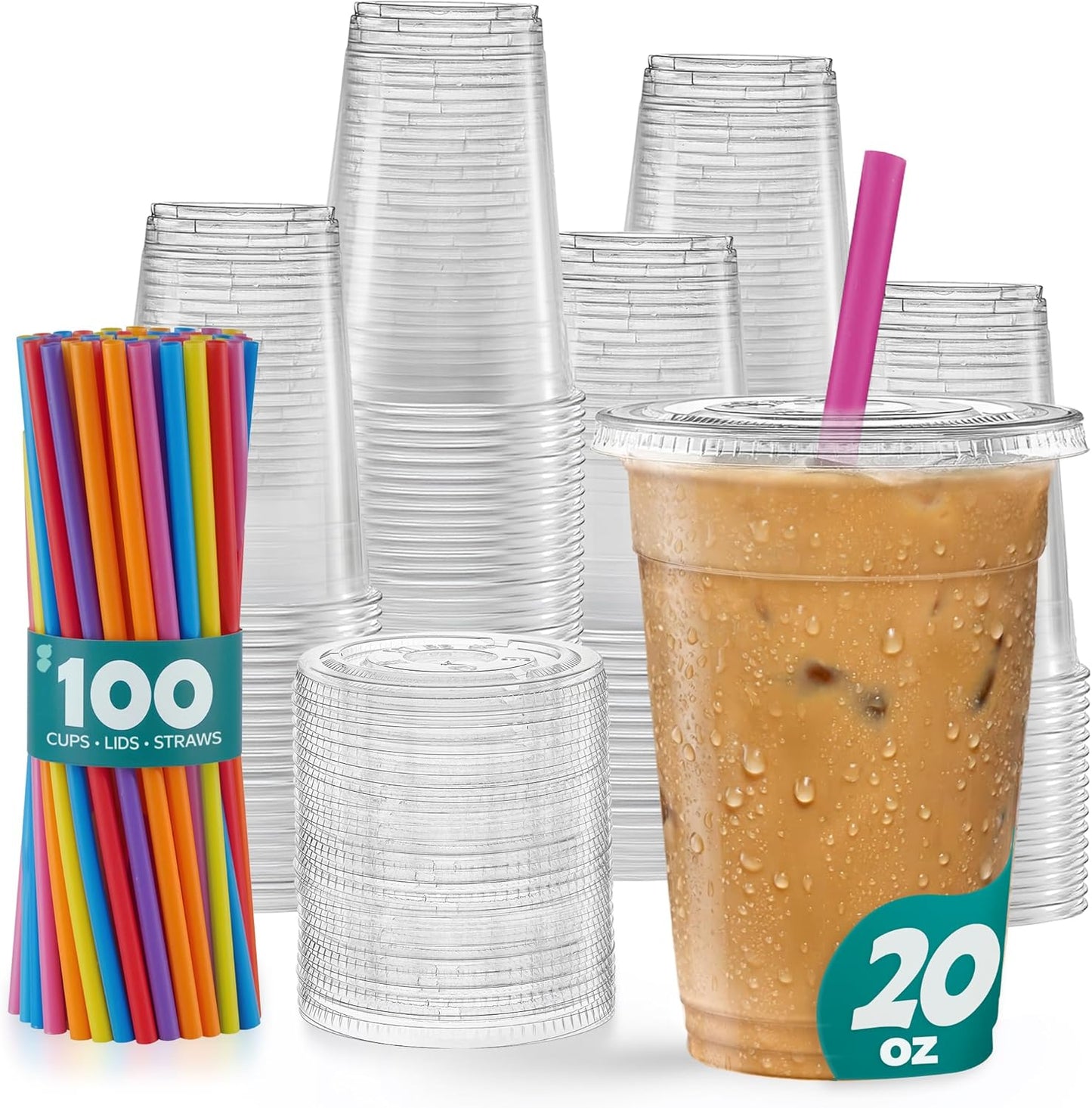 GUSTO [24 oz. - 100 Count Clear Cups with Flat Lids & Straws - Disposable Clear Drinking Cups for Iced Coffee, Cold Drinks, Milkshakes, and Smoothies - Formerly Comfy Package