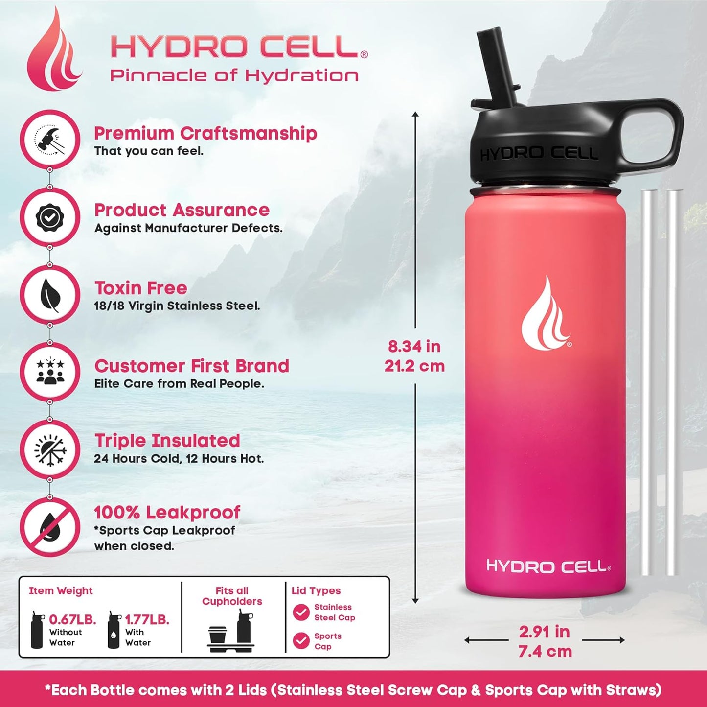 HYDRO CELL Stainless Steel Insulated Water Bottle with Straw - For Cold & Hot Drinks - Metal Vacuum Flask with Screw Cap and Modern Leakproof Sport Thermos for Adults (Neon 18oz)