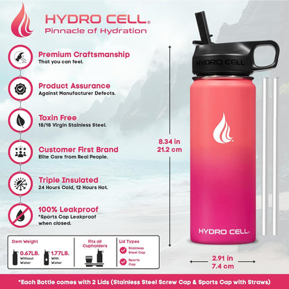 HYDRO CELL Stainless Steel Insulated Water Bottle with Straw - For Cold & Hot Drinks - Metal Vacuum Flask with Screw Cap and Modern Leakproof Sport Thermos for Adults (Neon 18oz)