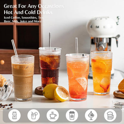 INSETLAN 20oz Hobnail Glass Cups with Lids and Glass Straws – 4 Pieces, Thick-Walled Glass Tumblers for Iced Coffee, Smoothies, Milk, Water, Juice, and More – Elegant and Durable Drinking Glasses