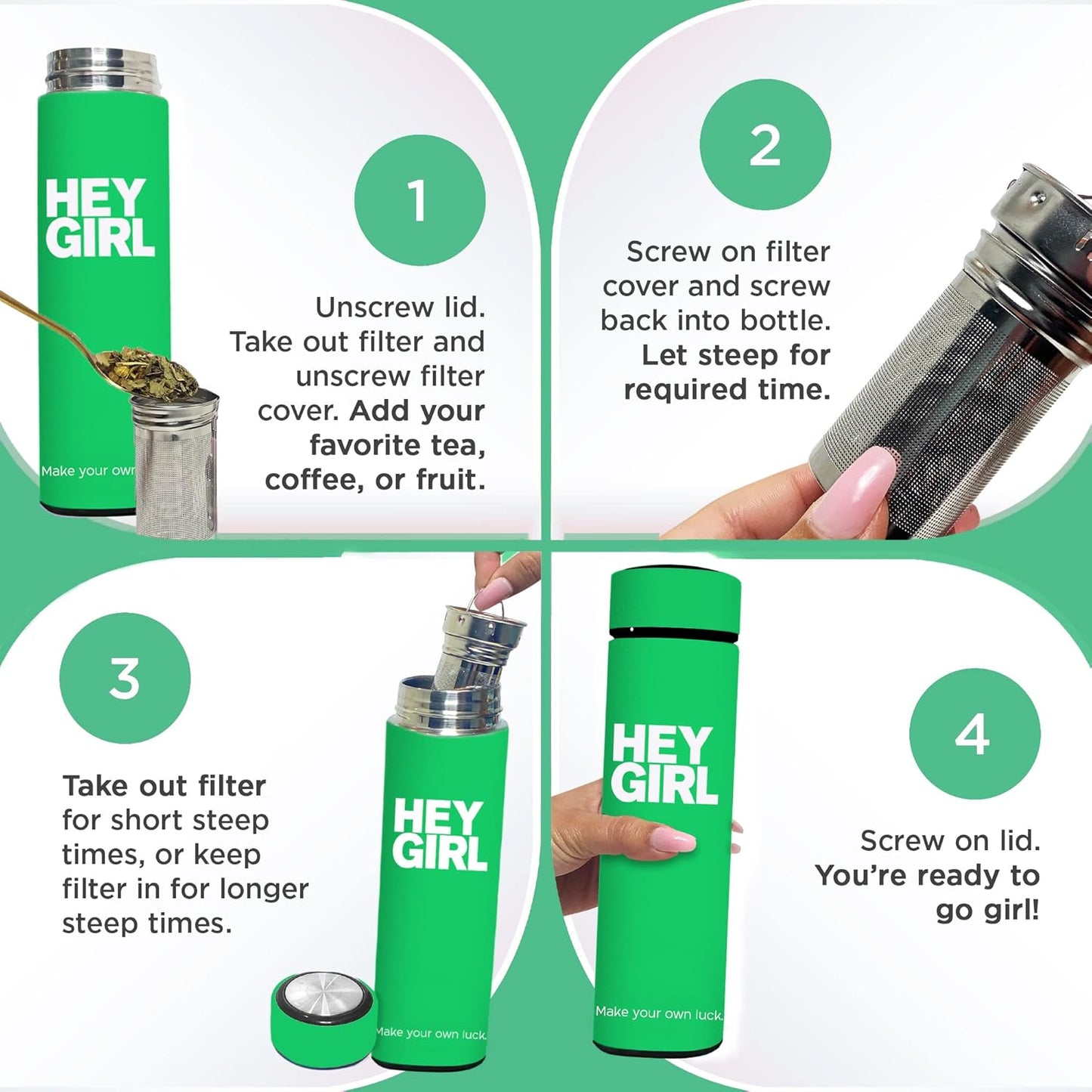 Hey Girl Tea Infuser Bottle 450ml - Insulated Stainless Steel Water Bottle - Tea Tumbler with Tea Diffuser - Portable Travel Mug for Loose Leaf Tea & Infused Water - Tea Lovers Gifts for Women (Pink)