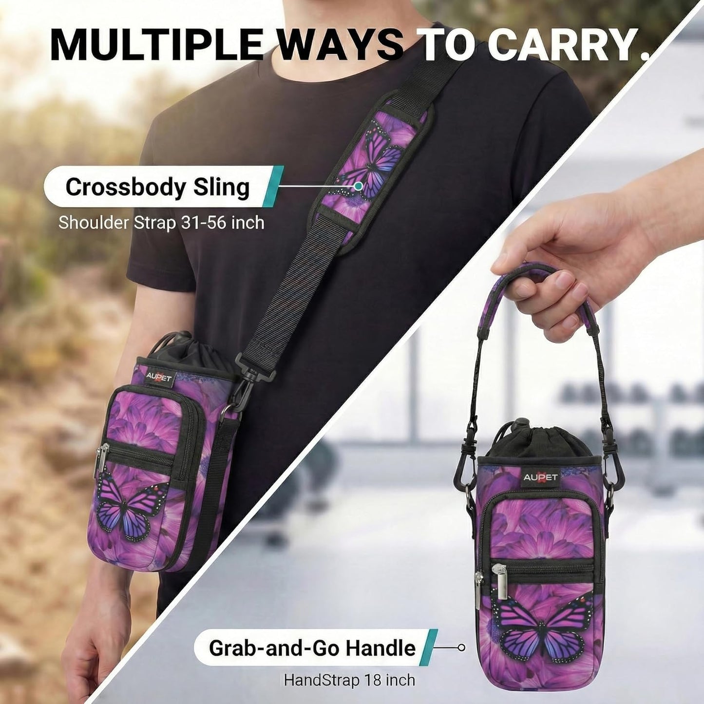 AUPET Water Bottle Sling Bag Sleeve Holder Carrier 25/32/40/64 oz,Insulated Crossbody Water Bottle Case Cover with Strap and Pockets for Men/Women Walking Hiking