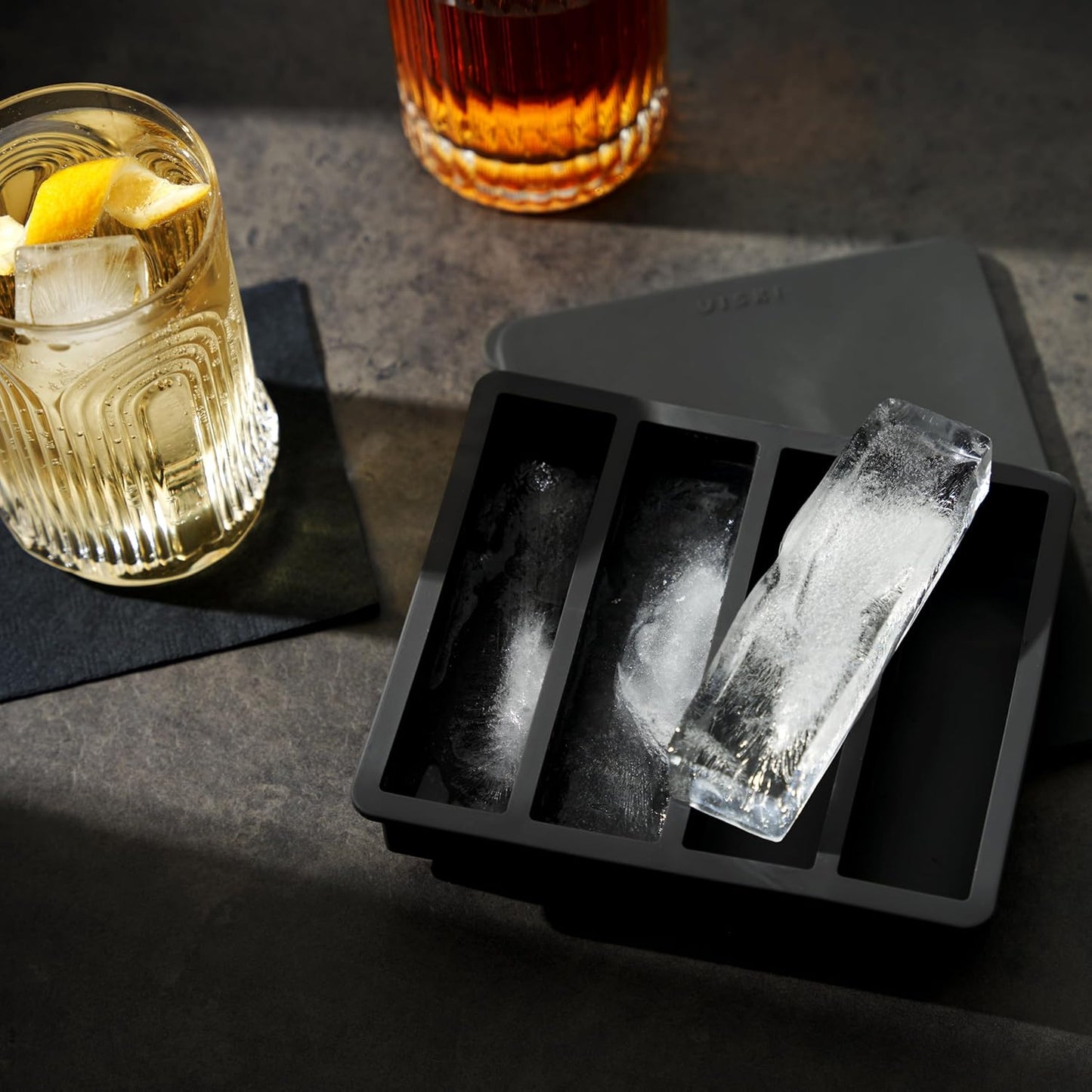 Viski Highball Ice Cube Tray with Lid, Silicone Mold for Easy Release, Makes 4 Elongated Ice Cubes for Highball Cocktails, Vodka Soda, Rum Punch, Bar Cart, Home Bar, Man Cave Gifts, Set of 1, Gray
