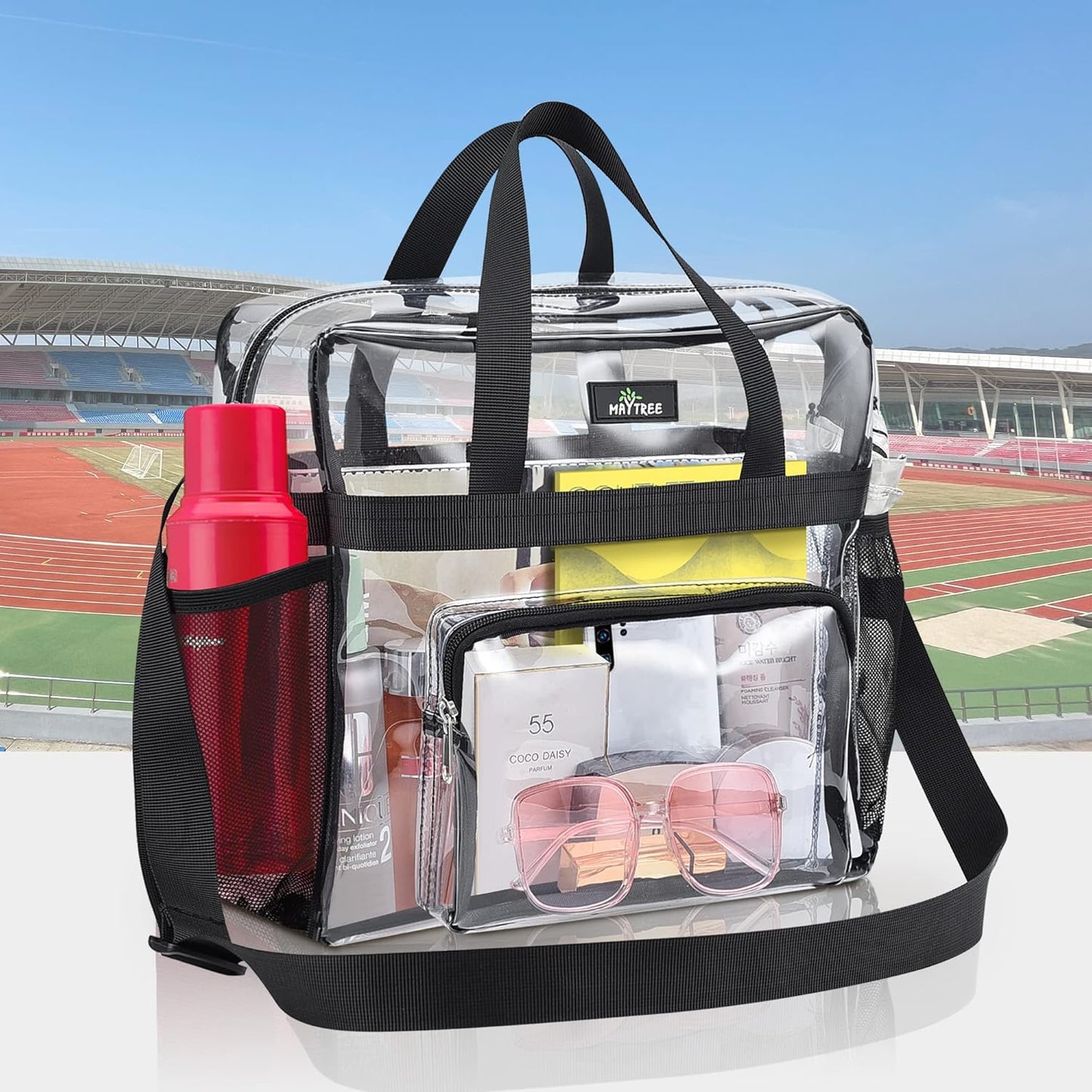 MAY TREE Clear Bag for Stadium Events, 12×5.5×12 Clear Tote Lunch Bag with Non-detachable Reinforced Straps for Work, Sporting Events and Gym, Black