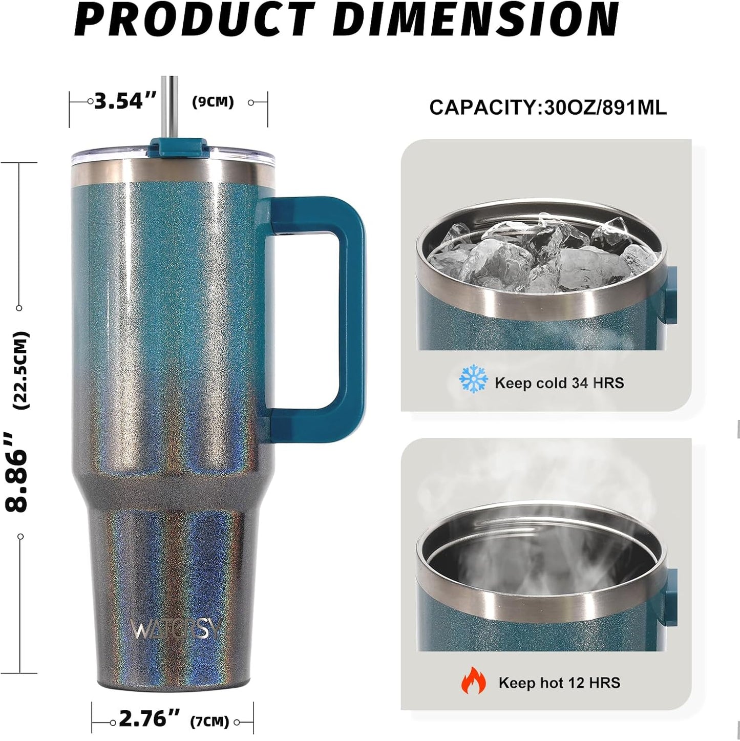 40 oz Tumbler with Handle,Tumbler with Lid and Straw,Double Wall Insulated Cup Stainless Steel Travel Mug(Cold for 34 Hours),Water Bottle for Iced Tea,Coffee,Cold Beverages(Purple)