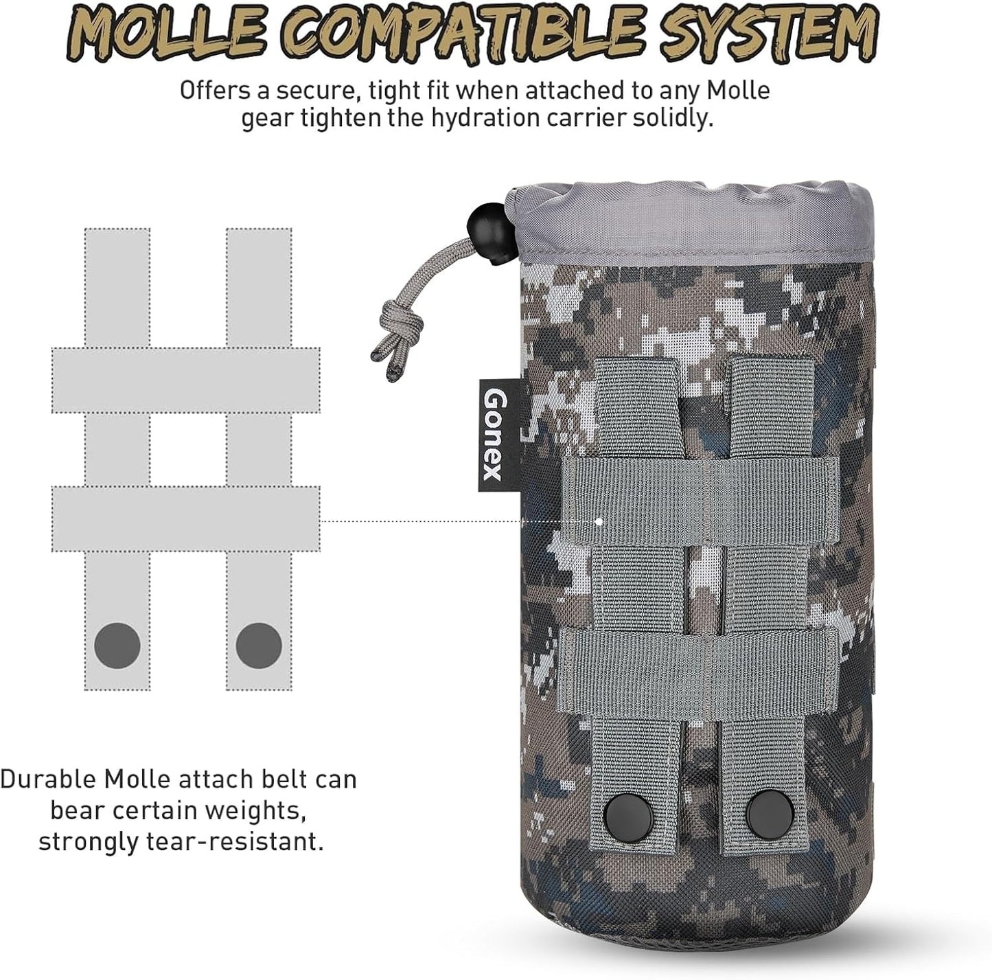 Gonex Tactical MOLLE Water Bottle Pouch, Drawstring Open Top & Mesh Bottom Travel Water Bottle Bag Hydration Carrier