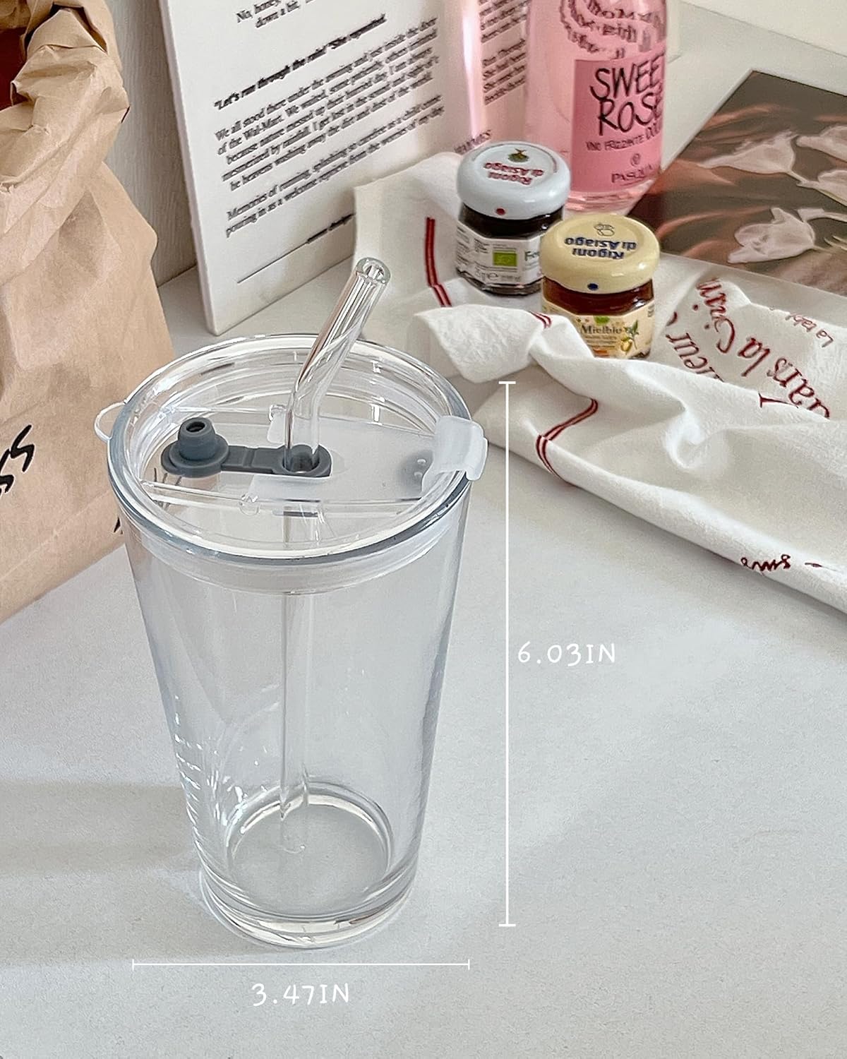 Olvini 15oz Glass Tumbler with Straw and Lid, Cute Iced Coffee Cups, Aesthetic Glass Cups, Coffee Tumbler, Water Cup, Matcha Cup, Drinking Glasses (Clear)
