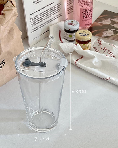 Olvini 15oz Glass Tumbler with Straw and Lid, Cute Iced Coffee Cups, Aesthetic Glass Cups, Coffee Tumbler, Water Cup, Matcha Cup, Drinking Glasses (Clear)