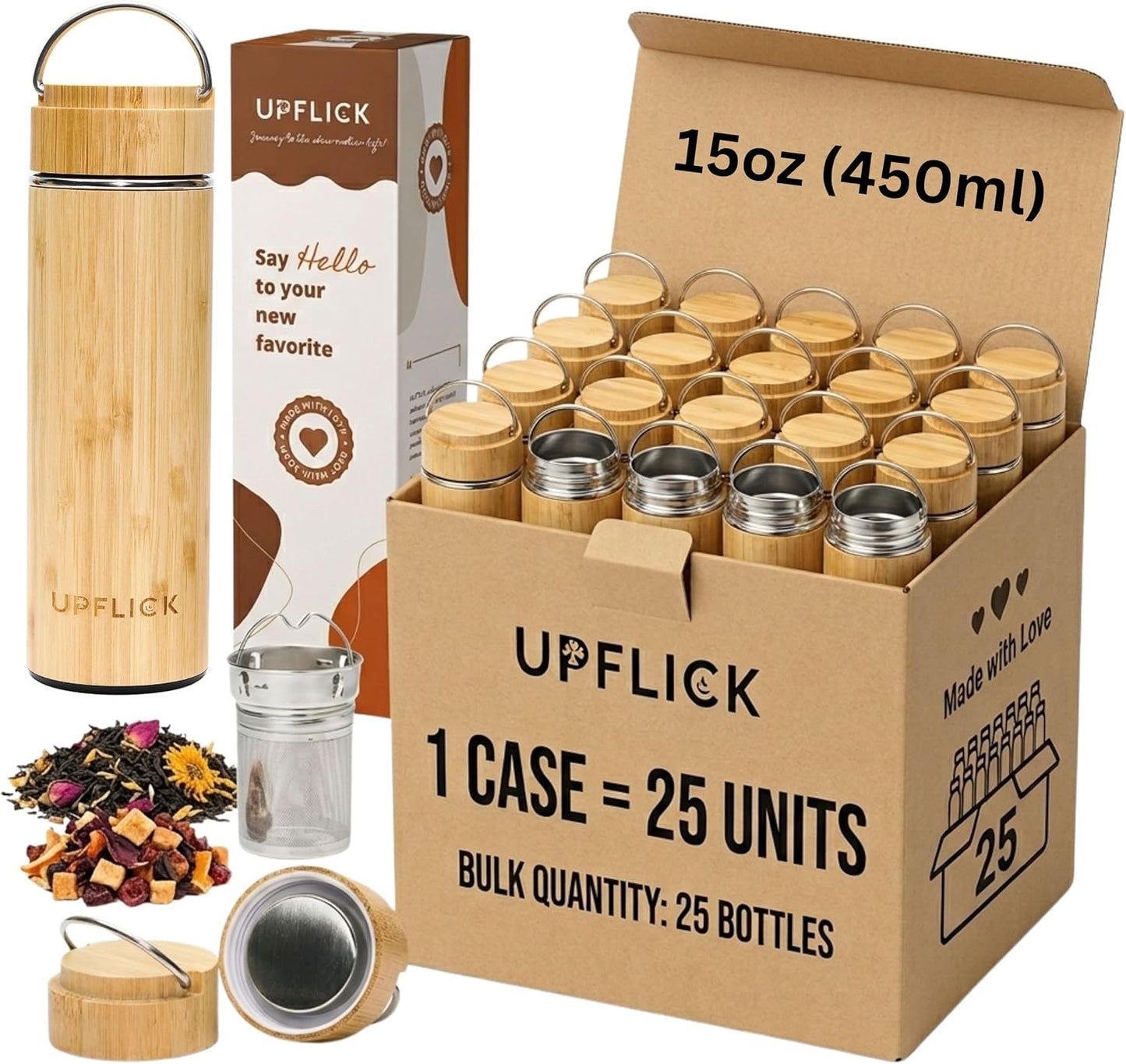 Bamboo Water Bottle Insulated Tea Tumbler for Men Birthday Gift, Women Travel Tea Set with Diffuser for Loose Tea Leaves, Stainless Steel Leak Proof Gift for Mom (15 oz)