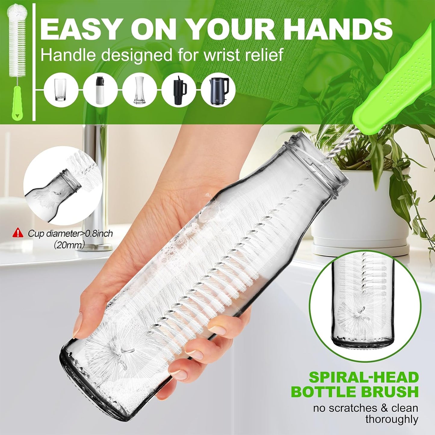 Rnoafmu Bottle Brush Cleaner Set of 3, 14 in Long Handle Water Bottle & Straw Cleaner Brushes for Washing Tumblers, Baby Bottles, Cup Lid Cleaning Brush