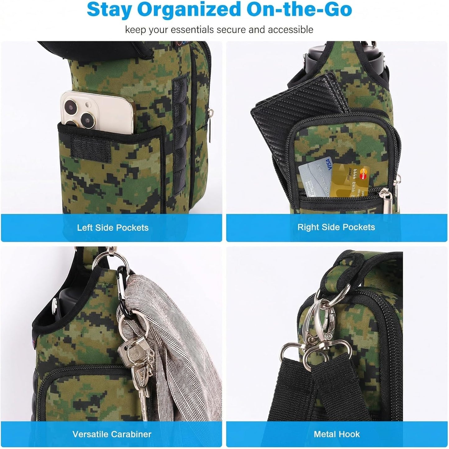 icolor Magnetic Gym Bag Water Bottle Carrier Holder with Phone Pockets & Shoulder Strap,Gym Magnetic Bag 5 Built-in Magnets Gym Accessories Organizer Sling Bottle Bag Pouch Sleeve