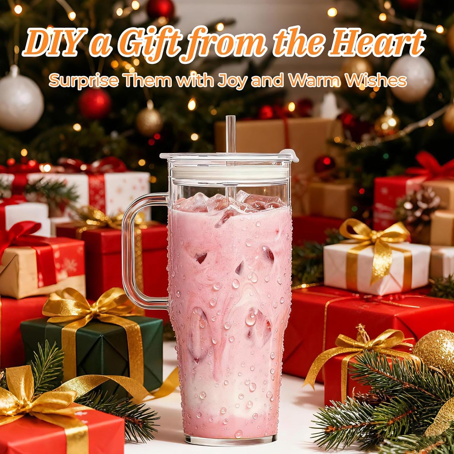 2Pack 40OZ Glass Tumbler with Handle,Glass Cup with Lid and Straw,Reusable Glass Iced Coffee Cup for Beer, Smoothies, Juice,Hot/Cold Drinks-Suitable for Birthday,Wedding