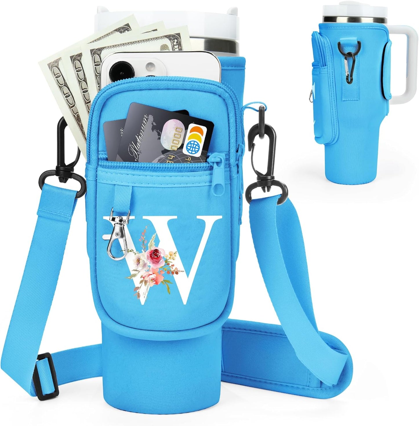 Initial Water Bottle Holder with Strap for Stanley Cup Accessories 40 oz/Simple Modern Tumbler, Birthdays for Women Girls, Water Bottle Carrier Bag with Phone Pocket,Hiking Walking Gym Camping