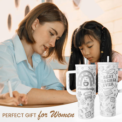 Floral Tumbler with Handle 40oz, Stainless Steel Insulated Tumblers Coffee Travel Mug Cup with Straw, Flower Coffee Cup Gifts for Women Girls, Gift for Her on Christmas Birthday Mothers Day
