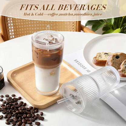DWTS DANWEITESI Iced Coffee Cups with Lids 2Pcs: Ribbed Glass Tumbler with Straw and Lid 20oz-Vintage Glass Cups with Lids and Straws-Tumbler Leak Proof Aesthetic Drinking for Coffee Bar Accessories