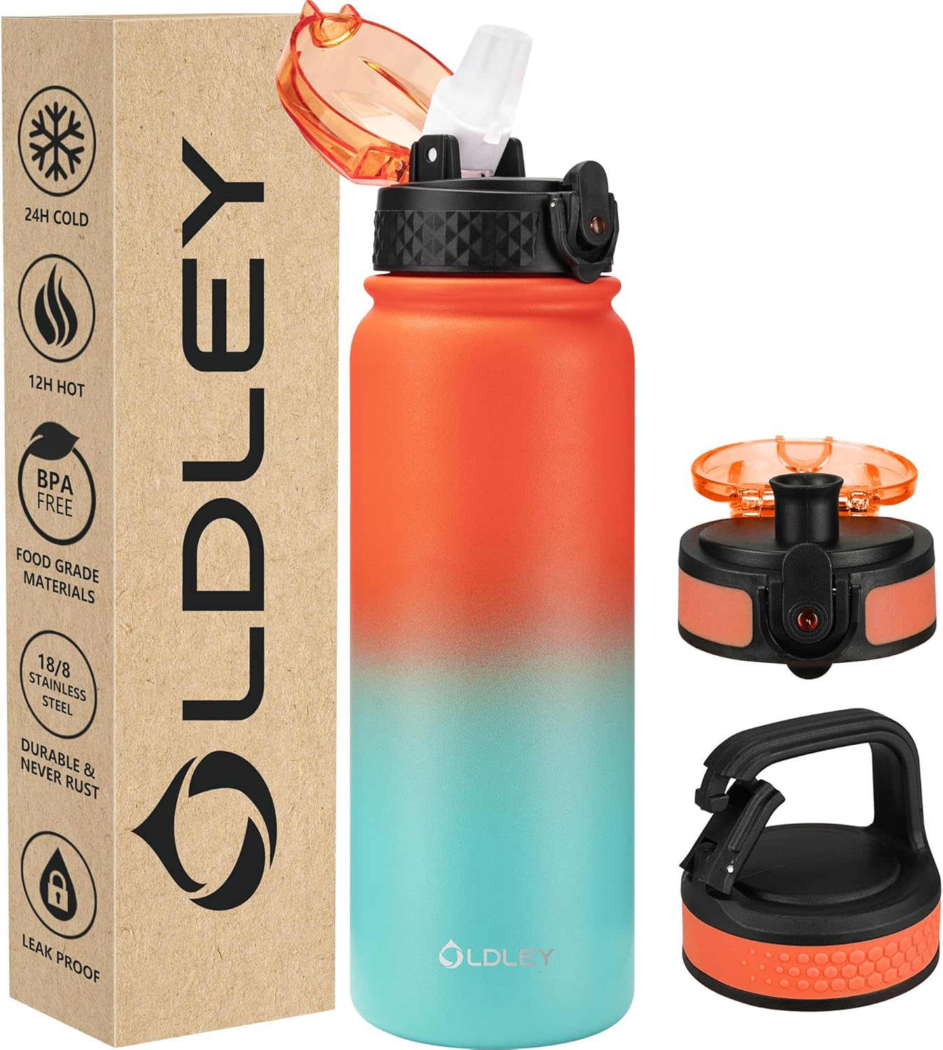 Oldley Insulated Water Bottle 20oz for Adults Kids Stainless Steel Water Bottles with Straw/Chug/Carabiner 3 Lids Fruit Strainer Double Wall Vacuum Wide Mouth BPA Free Leak-Proof for School Travel
