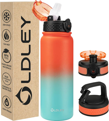 Oldley Insulated Water Bottle 20oz for Adults Kids Stainless Steel Water Bottles with Straw/Chug/Carabiner 3 Lids Fruit Strainer Double Wall Vacuum Wide Mouth BPA Free Leak-Proof for School Travel