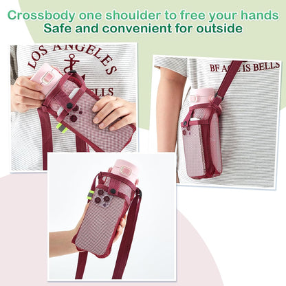 Mumufy Mesh Water Bottle Sling Holder with Adjustable Strap Crossbody Bottle Sleeve Carrier with Pouch for Outdoor Activities