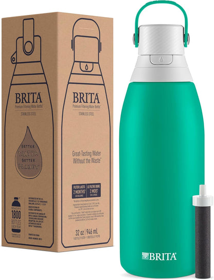 Brita Insulated Filtered Water Bottle with Straw, Reusable, Stainless Steel Metal, Blue Jay, 20 Ounce