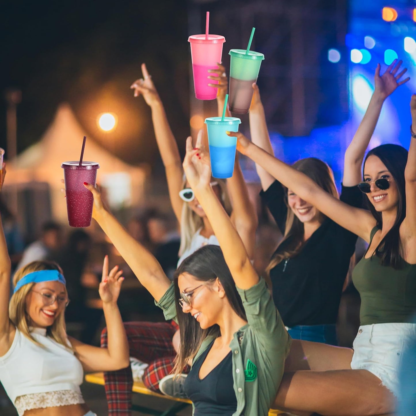 Color Changing Cups, 5 Pack 24oz Plastic Tumblers, Reusable Iced Coffee & Smoothie Cups with Lids and Straws for Parties and Travel