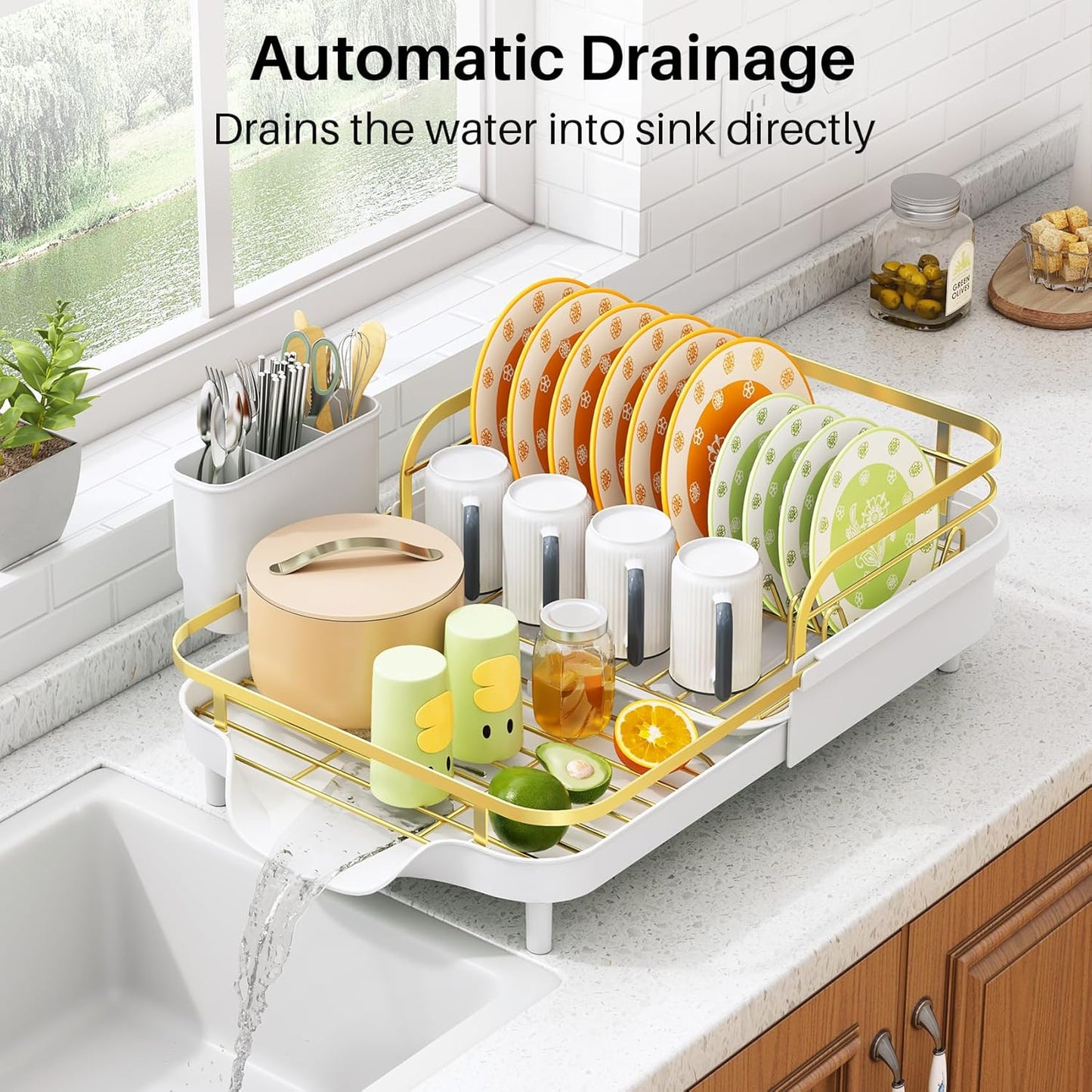 SAYZH Dish Drying Rack - Expandable Dish Rack for Kitchen Counter, Rust-Resistant Dish Drainer with Utensil Holder and Raised Guardrail, Kitchen Organizer for Cup and Bottle (Black)