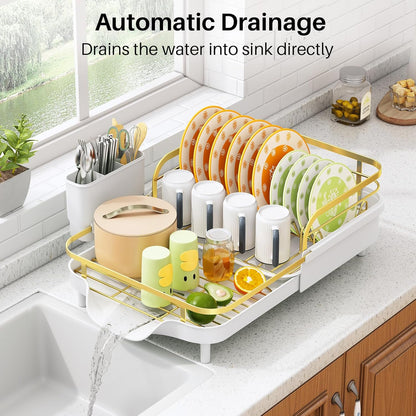 SAYZH Dish Drying Rack - Expandable Dish Rack for Kitchen Counter, Rust-Resistant Dish Drainer with Utensil Holder and Raised Guardrail, Kitchen Organizer for Cup and Bottle (Black)