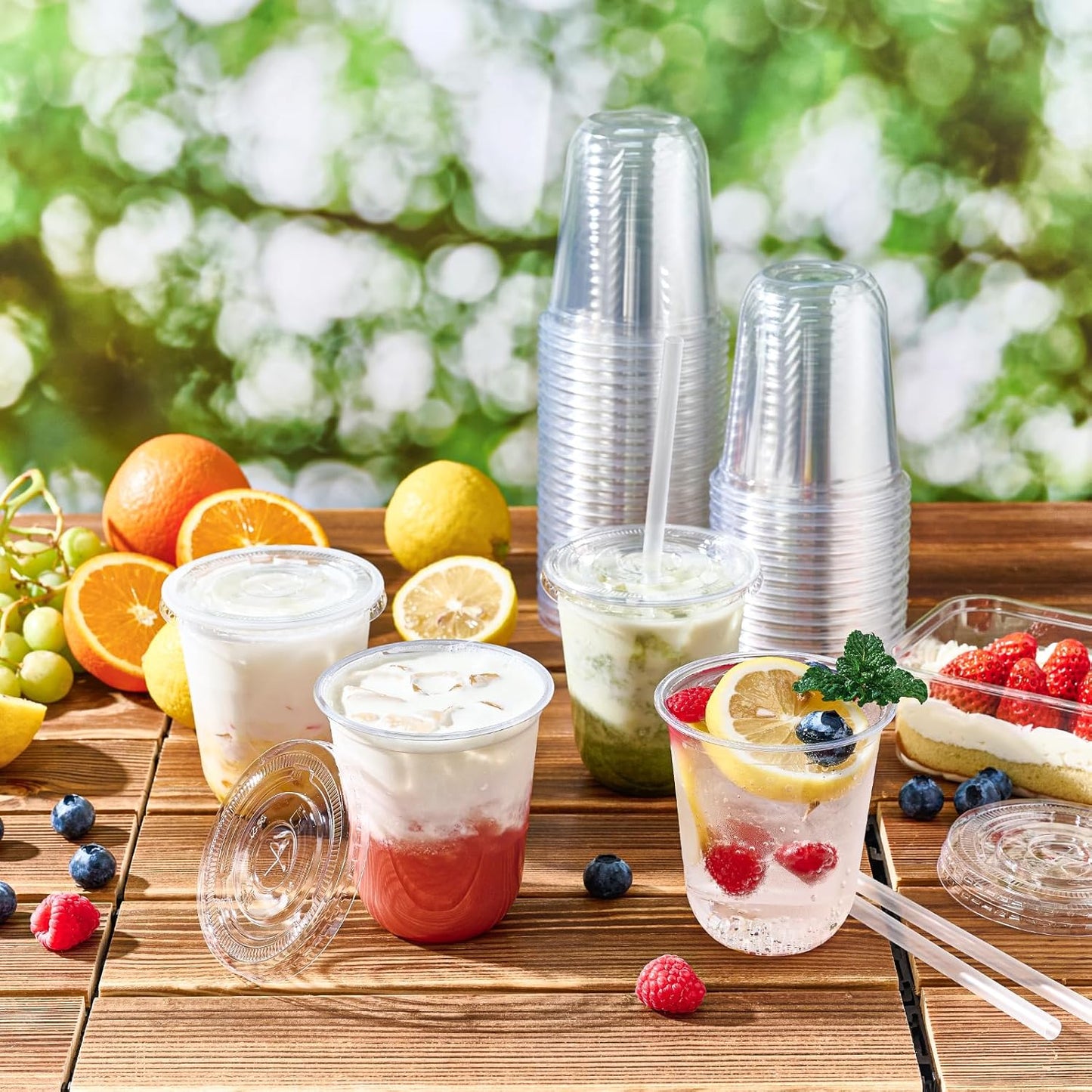 Vplus 100 Pack 12 oz Iced Coffee Cups with Lids, Disposable Plastic Cups with Lids and Straws for Cold Beverages, Juice, Milkshakes, Coffee Shops, Parties and Daily Use