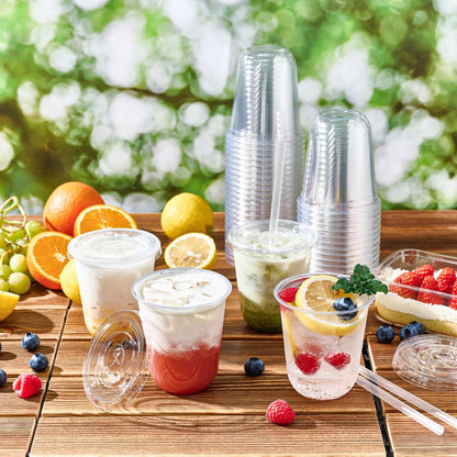 Vplus 100 Pack 12 oz Iced Coffee Cups with Lids, Disposable Plastic Cups with Lids and Straws for Cold Beverages, Juice, Milkshakes, Coffee Shops, Parties and Daily Use