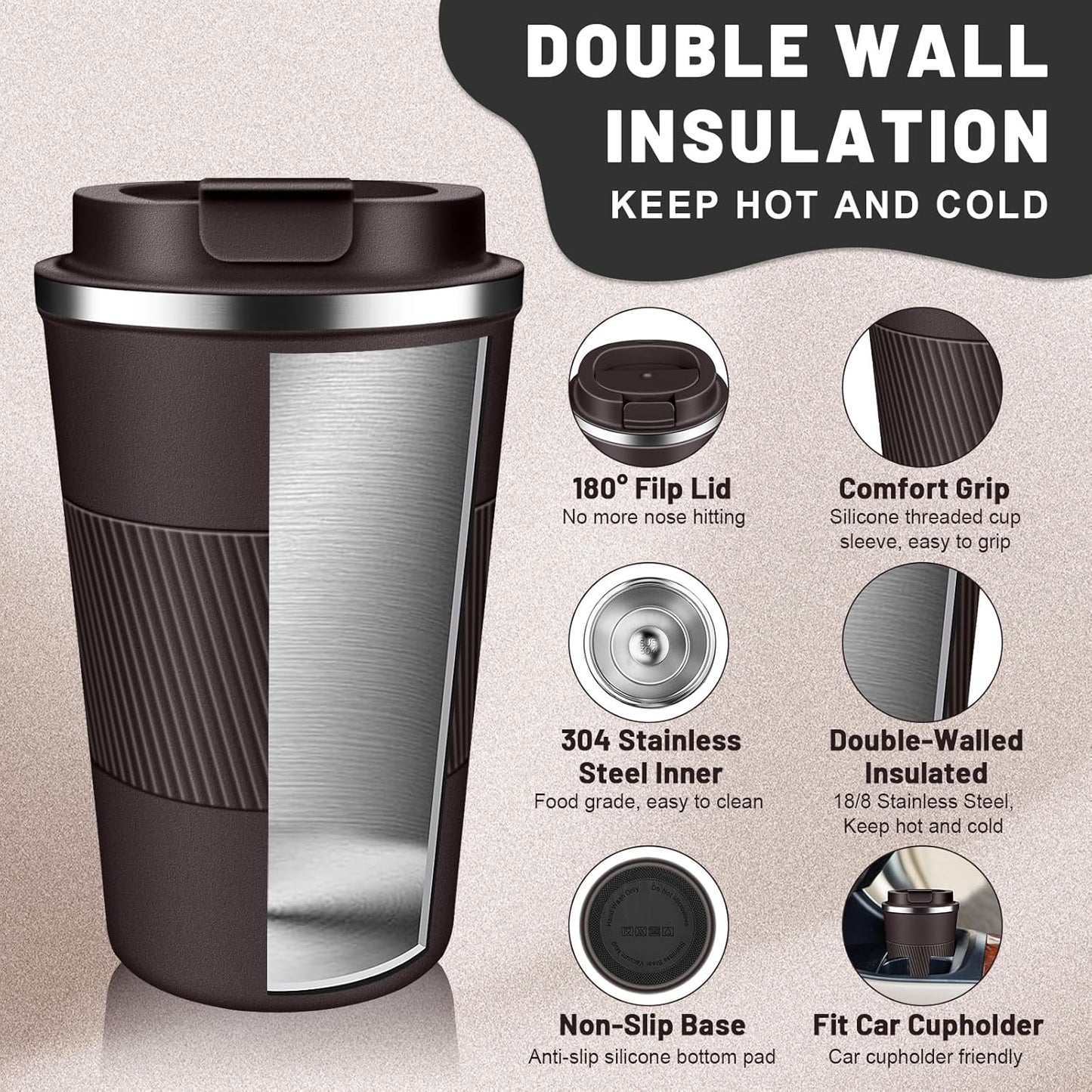 DUBUXW Insulated Coffee Tumblers with Flip Lid 12oz / 17oz, Stainless Steel Travel Coffee Mug Leak Proof, Vacuum Insulated Coffee Mug Reusable Cup, Keeps Cold and Hot for Coffee Tea
