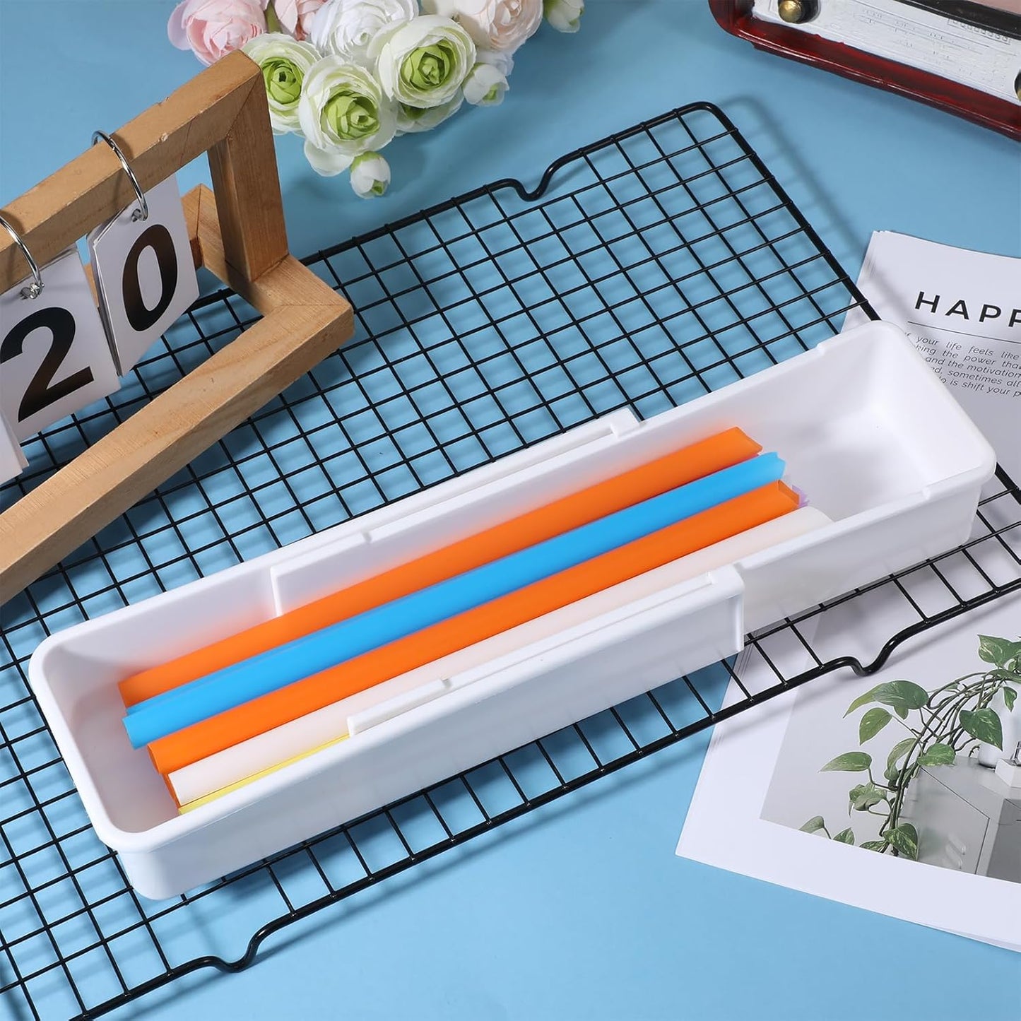 Straw Organizer Drawer Straw Holder Expandable Straws Storage for Cabinet Reusable Long Straws Drawers Organizer Fits for 60oz Long Kitchen Drawer Organizers for Utensils White