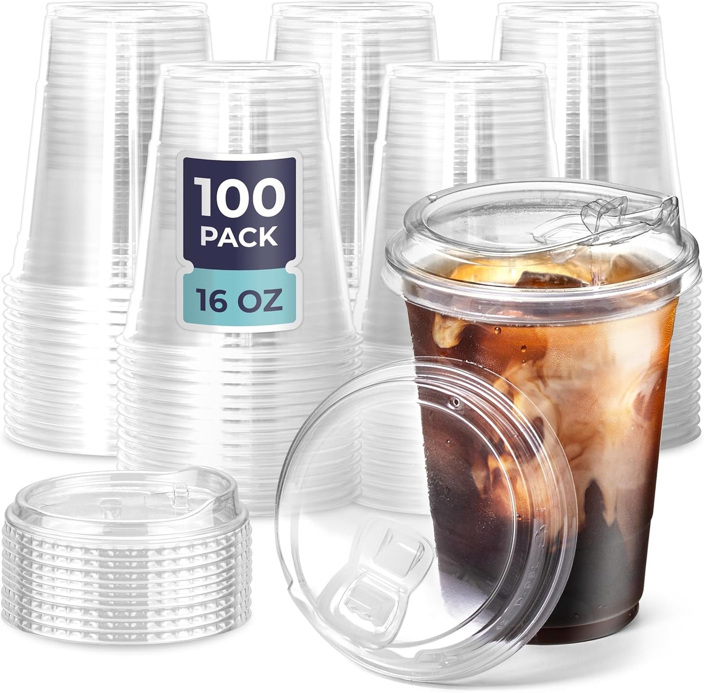 Fit Meal Prep 50 Pack 32 oz Clear Plastic Cups with Strawless Sip Lids, Disposable Plastic Coffee Cups with Lids, To Go Cups for Iced Coffee, Smoothies, Soda, Party Drinks, Bubble Tea, Cold Beverage