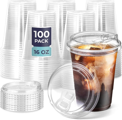 Fit Meal Prep 50 Pack 32 oz Clear Plastic Cups with Strawless Sip Lids, Disposable Plastic Coffee Cups with Lids, To Go Cups for Iced Coffee, Smoothies, Soda, Party Drinks, Bubble Tea, Cold Beverage
